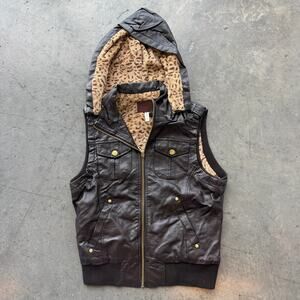 Vintage Black Faux Leather Hooded Vest with Leopard Lining